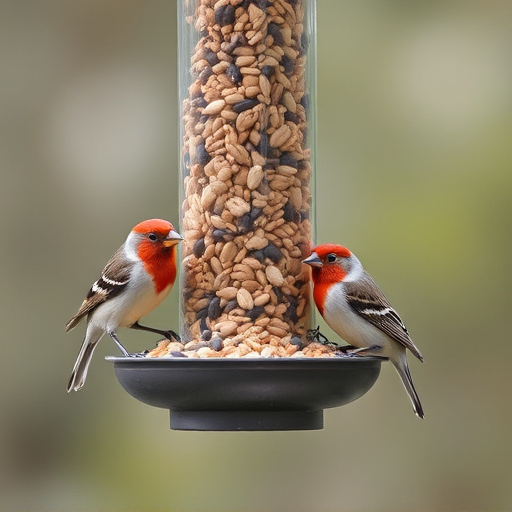 Birds feeding from hanging seed feeder
