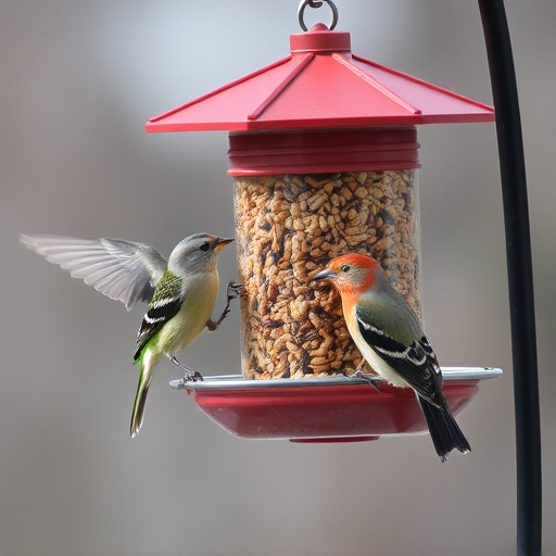 Birds feeding from hanging seed feeder