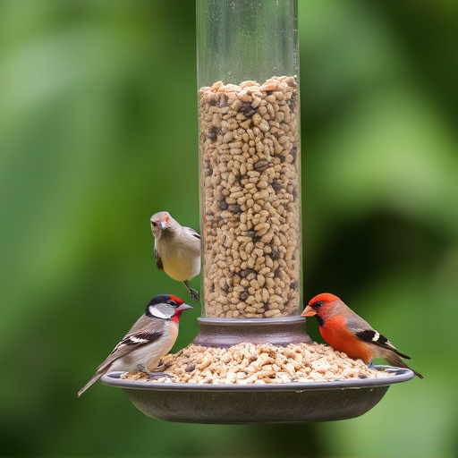 Birds feeding from hanging seed feeder