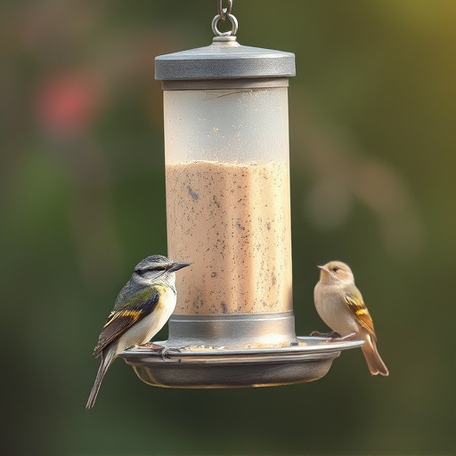 Birds feeding from metal suet dispenser