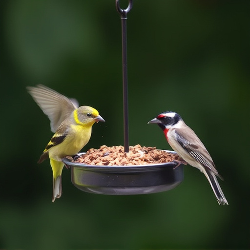 Birds feeding from metal suet dispenser