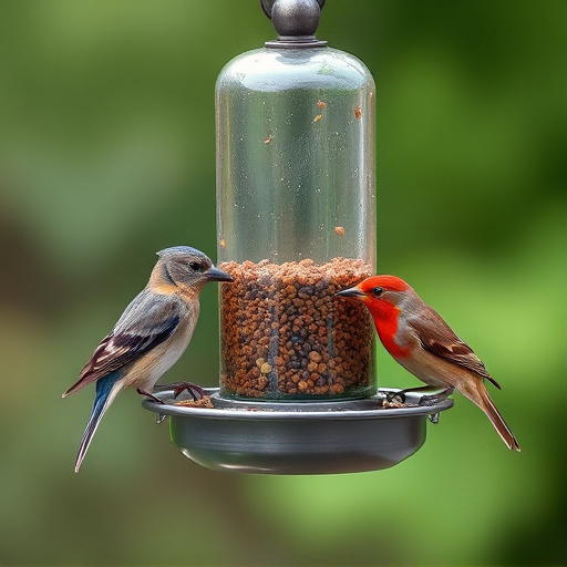 Birds feeding from metal suet dispenser