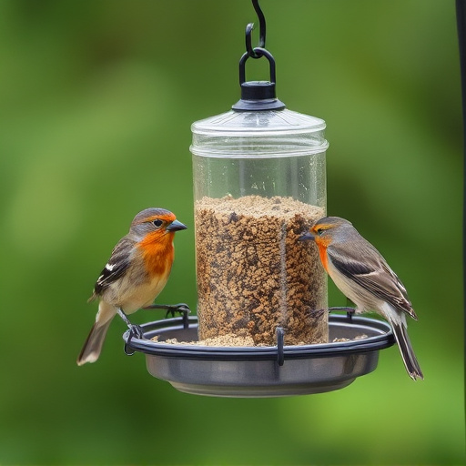Birds feeding from metal suet dispenser