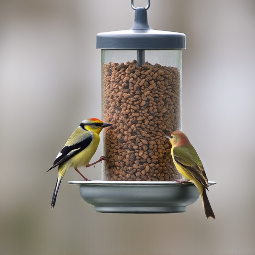 Birds feeding from metal suet dispenser