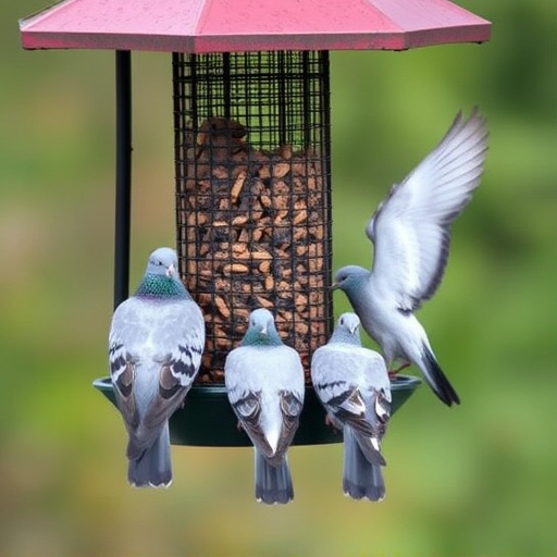 Birds feeding from pigeon-resistant feeder