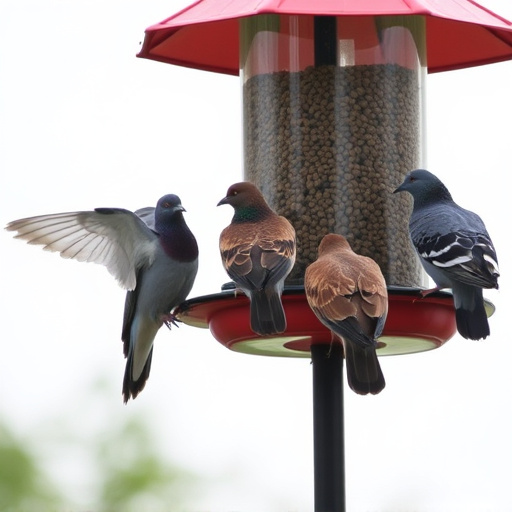 Birds feeding from pigeon-resistant feeder