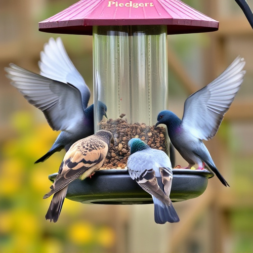 Birds feeding from pigeon-resistant feeder