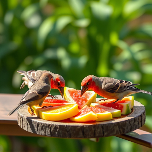 Birds feeding on fruit slices outdoors