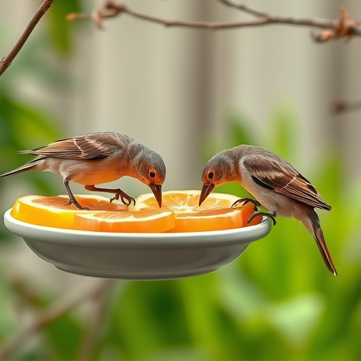 Birds feeding on fruit slices outdoors