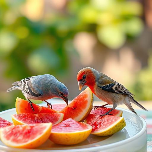 Birds feeding on fruit slices outdoors
