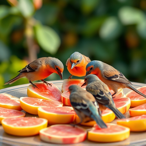 Birds feeding on fruit slices outdoors
