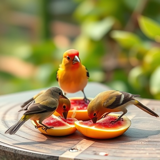 Birds feeding on fruit slices outdoors