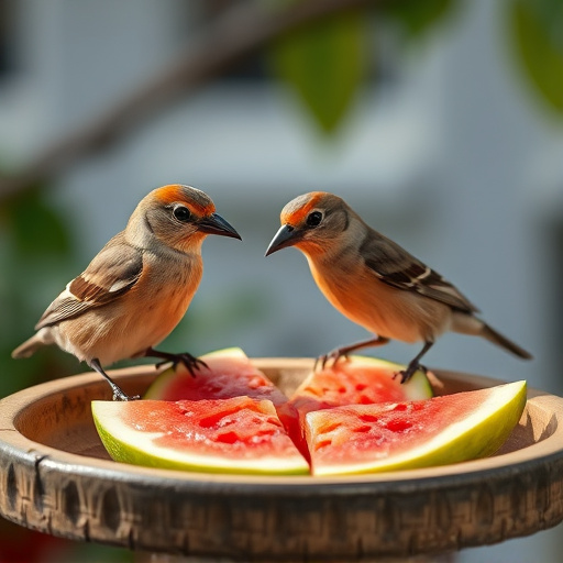 Birds feeding on fruit slices outdoors