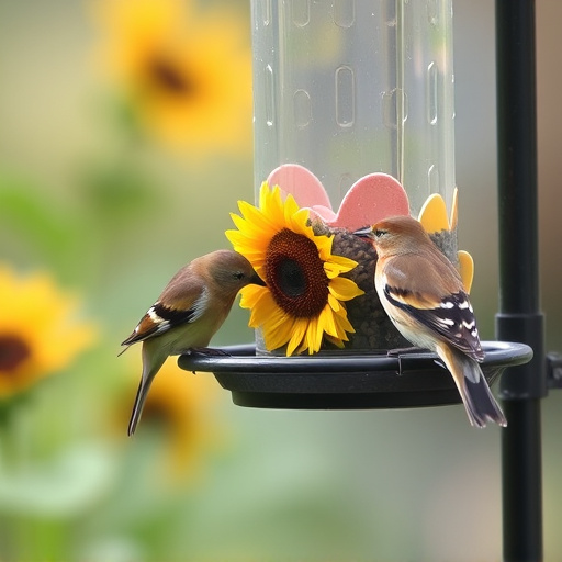 Birds feeding on sunflower hearts feeder