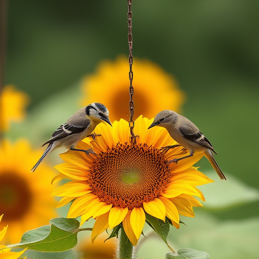 Birds feeding on sunflower hearts outdoors