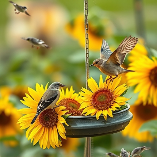 Birds feeding on sunflower hearts outdoors