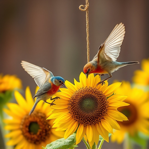 Birds feeding on sunflower hearts outdoors