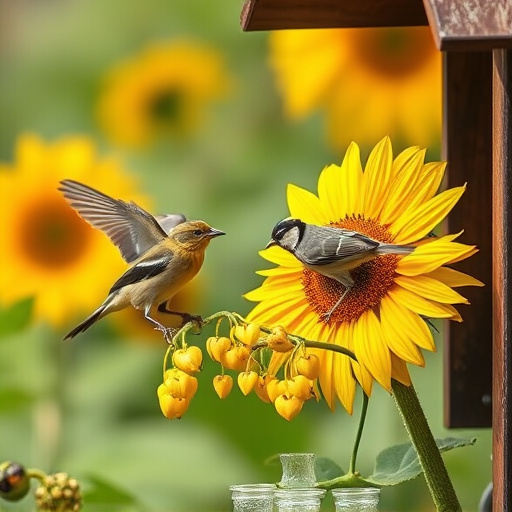 Birds feeding on sunflower hearts outdoors