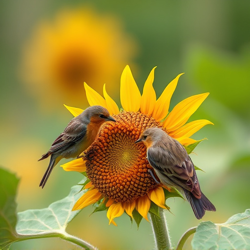 Birds feeding on sunflower seeds