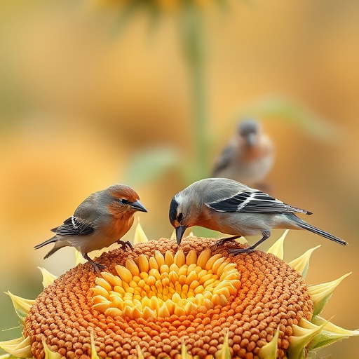 Birds feeding on sunflower seeds