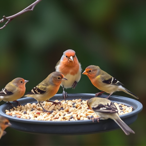 Birds gathered around seed-filled tray