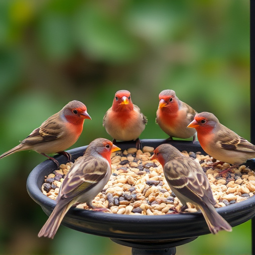 Birds gathered around seed-filled tray