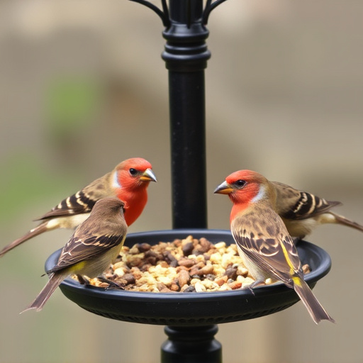 Birds gathered around seed-filled tray