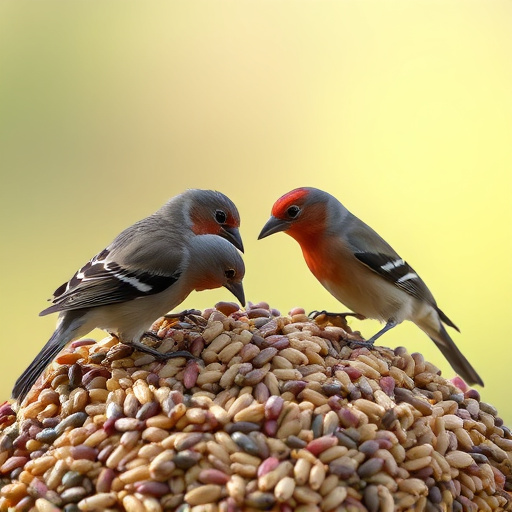 Birds pecking at abundant seed pile