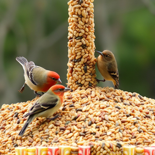 Birds pecking at abundant seed pile