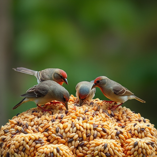 Birds pecking at abundant seed pile