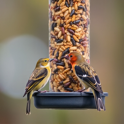 Birds pecking at mixed seed blend