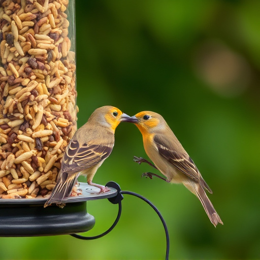 Birds pecking at mixed seed blend