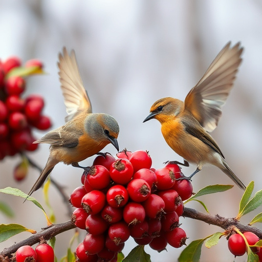 Birds pecking at ripe rowan berries