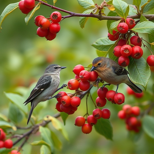 Birds pecking at ripe rowan berries