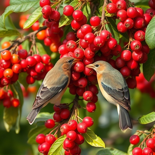 Birds pecking at ripe rowan berries