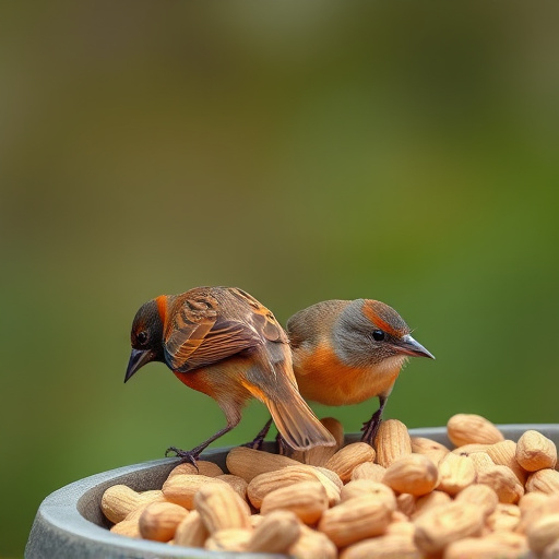 Birds pecking at scattered peanuts