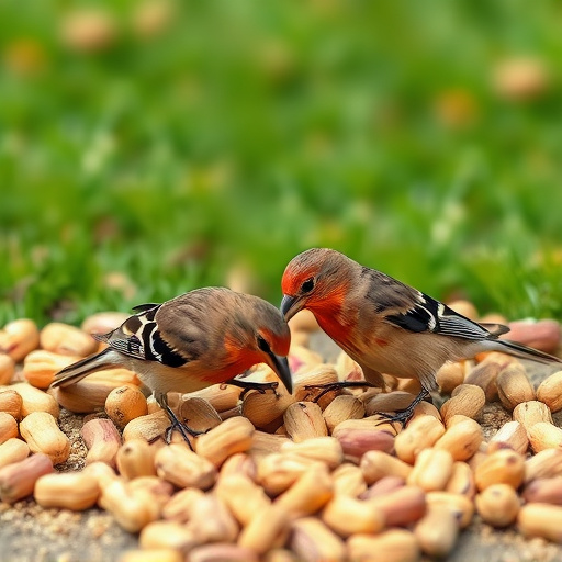 Birds pecking at scattered peanuts