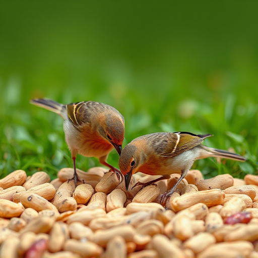 Birds pecking at scattered peanuts