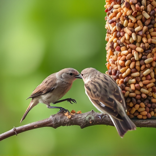 Birds pecking at suet pellets