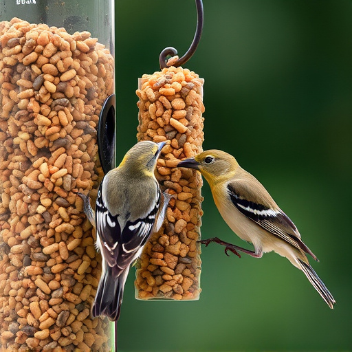 Birds pecking at suet pellets