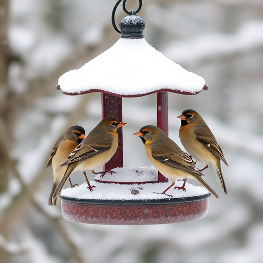 Birds perched on snowy bird feeder