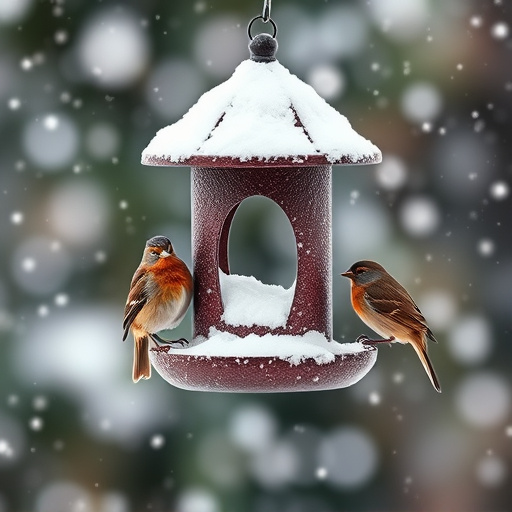 Birds perched on snowy bird feeder
