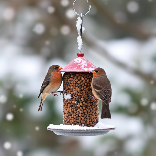 Birds perched on snowy bird feeder