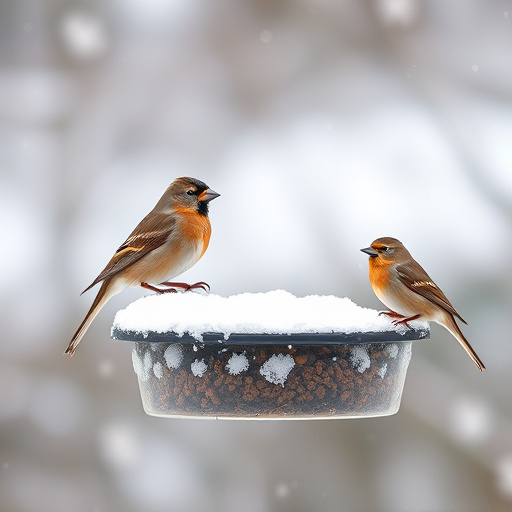 Birds perched on snowy bird feeder