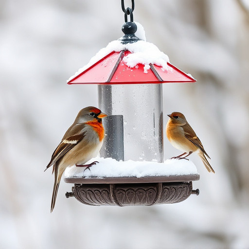 Birds perched on snowy bird feeder