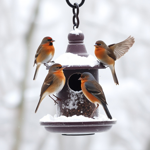 Birds perched on snowy bird feeder