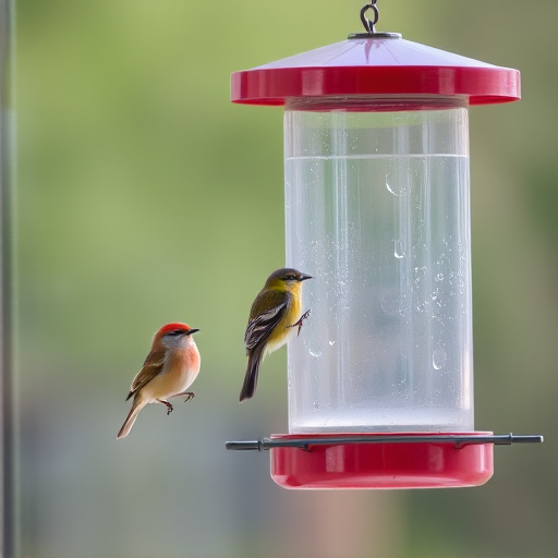 Birds perched on transparent window feeder
