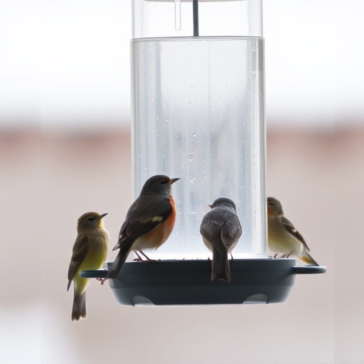 Birds perched on transparent window feeder