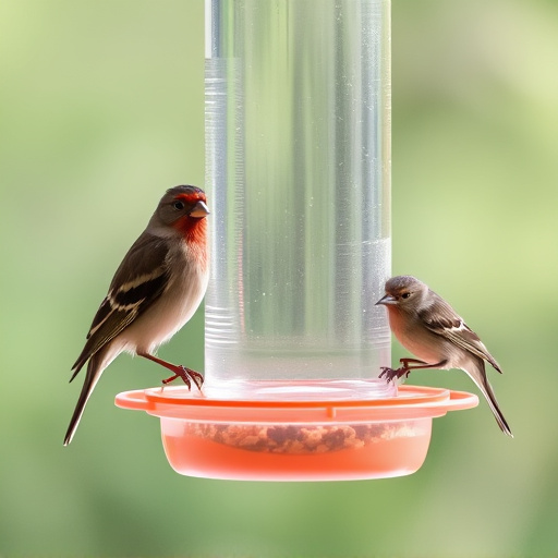 Birds perched on transparent window feeder