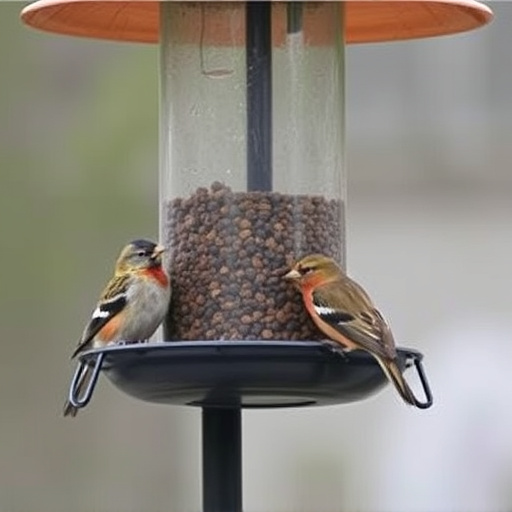 Birds perched on weatherproof feeder